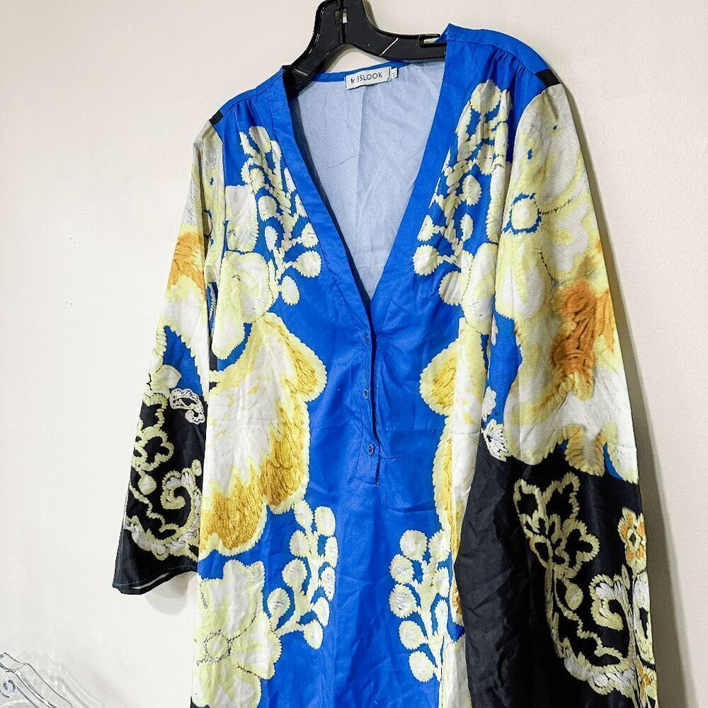 Brand New Women's Tunic Dress Cute Floral Printed Deep V Neck Long Sleeve Casual - Picture 3 of 10